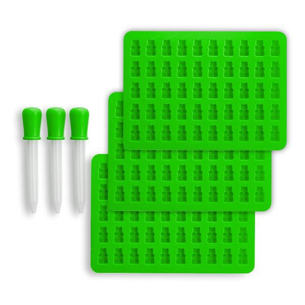 The Deal Society Silicone Gummy Bear Mold 3 Pack includes three FDA-approved, BPA-free silicone molds and three plastic droppers with green bulbs, displayed on a white background.